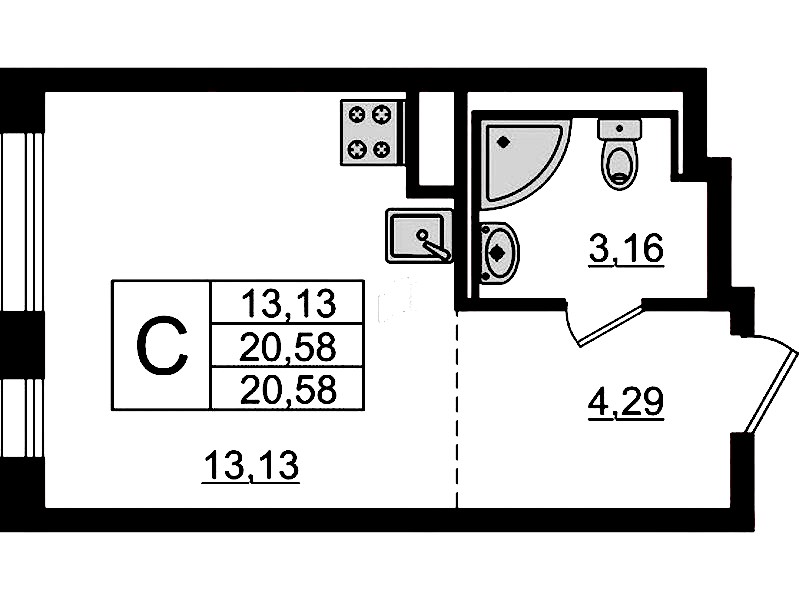 Квартира студия 20.58 м², 5/12 эт., ЖК «Новые Лаврики»